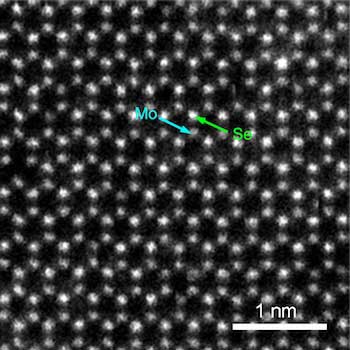 atoms in two-dimensional molybdenum diselenide resemble a hexagonal grid