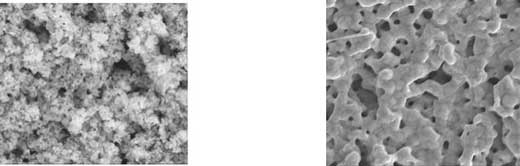 Unsintered, left, and sintered nanoparticle microstructure