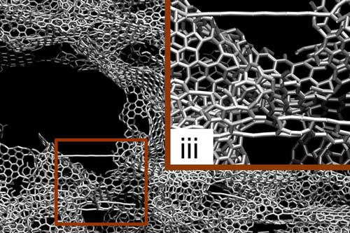 This illustration shows the simulation results of tensile and compression tests on 3-D graphene
