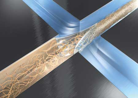 Hydrodynamic focussing by means of perpendicular water streams makes protein nanofibrils lock together in a microfibre