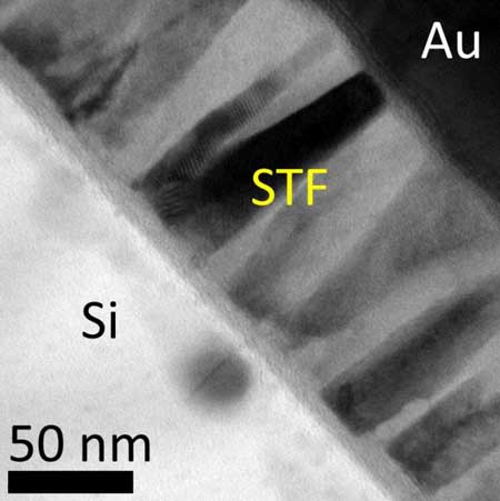 Image of nanopillar-like poly-crystalline STF film obtained by transmission electron microscopy