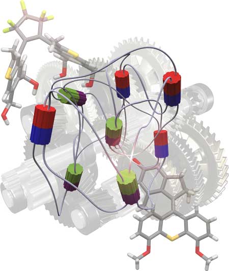 Artistic rendition of a nanomachine combining motor (red and blue) and clutch (green and purple) subunits connected by transmission subunits (polymer chains represented as strings)
