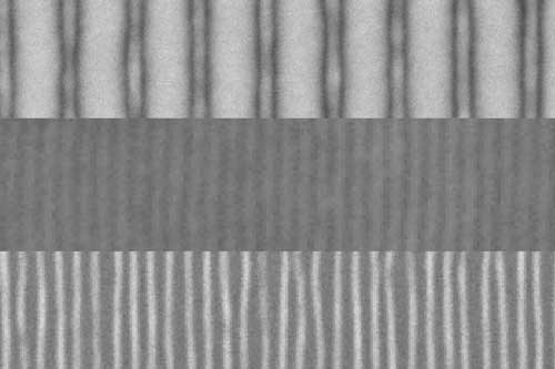 scanning electron microscope images show the sequence of fabrication of fine lines