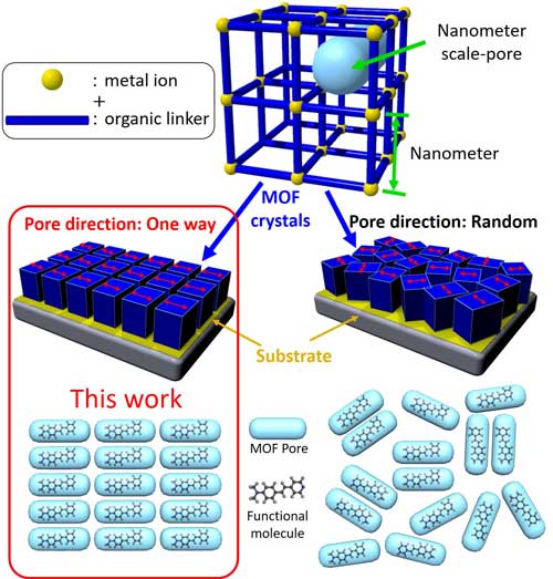 Metal organic framework (MOF) films where the nanometer scale pores of MOF were aligned in the same direction