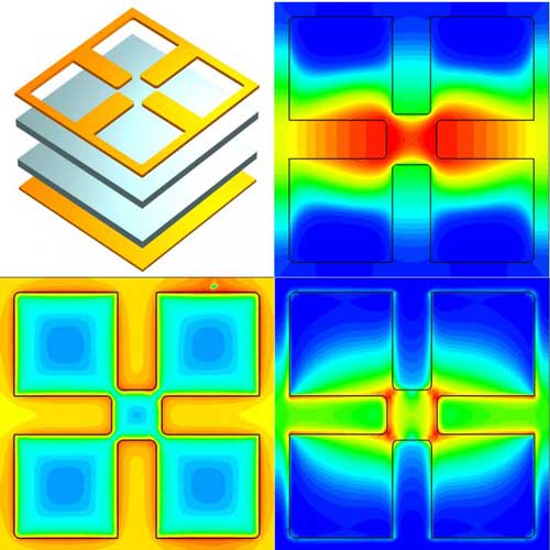  layer-by-layer look at the new metamaterial infrared detector, with simulated views as to its temperature distribution (top right), electric field (bottom left), and how it absorbs power (bottom right)