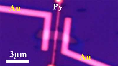 This microscope image shows a new device used to measure the persistent spin polarization for a rechargeable spin battery