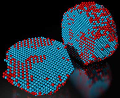 Precise identification of the three-dimensional coordinates of iron (in red) and platinum (in blue) atoms in a tiny iron-platinum particles