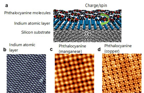Schematic diagram of a heterostructure comprising organic molecules and a superconducting atomic layer