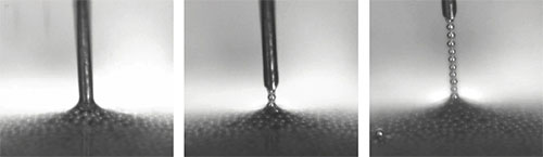 When the electrode is raised, a conductive chain is pulled out of the dispersion