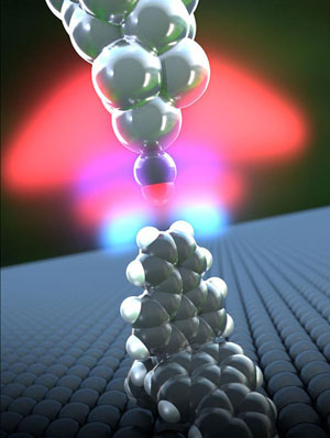 A hydrogen bond forms between a propellane (lower molecule) and the carbon monoxide functionalized tip of an atomic force microscope