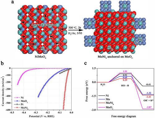 Synthetic scheme of MoNi4 electrocatalyst supported by the MoO2 cuboids on nickel foam