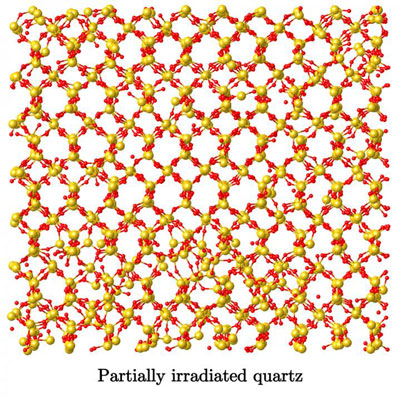 Snapshot of the Atomic Structure of a Partially Irradiated Quartz Sample