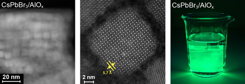 Electron microscopy images of perovskite quantum dots embedded in a protective alumina matrix