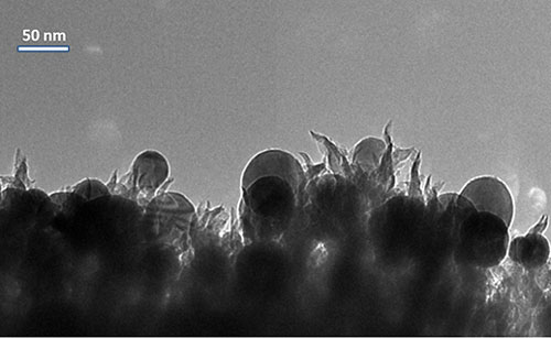 A catalyst—made of copper nanoparticles (seen as spheres) embedded in carbon nano-spikes