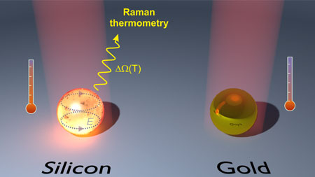 Schematic illustration of strong optical heating of silicon nanoparticle as compared to golden one