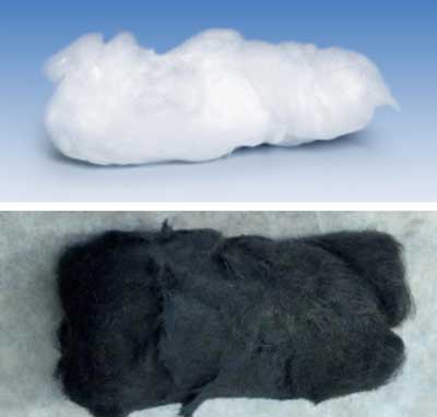 Plain quartz fiber, top, gains the ability to remove toxic metals from water when carbon nanotubes are added, bottom