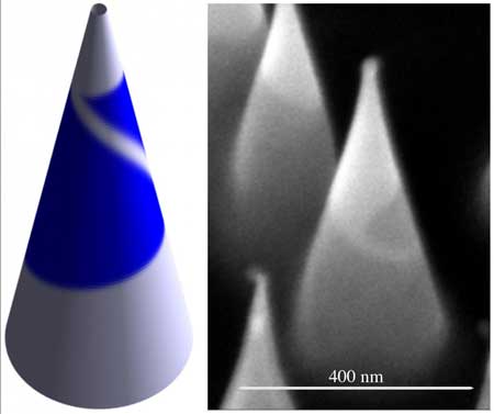 a triangular flake of tungsten disulfide grown around a cone that forces the creation of a grain boundary at a specific angle