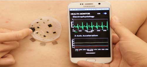 flexible biomonitor wirelessly transmits data about the body’s electrical activities to a smartphone