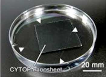 A 133-nm thick CYTOP nanosheet, floating on water, used for wrapping biological tissue for improved microscopy imaging