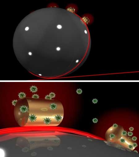 A sensor on a sensor: Laser light (red) is shone (top) into a glass microbead to which a gold nanorod is fixed