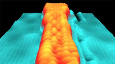 Scanning tunneling microscopy image shows a variable-width graphene nanoribbon