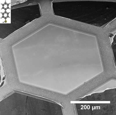 Helium Ion Micrograph of a Carbon Nano Membrane on copper grid
