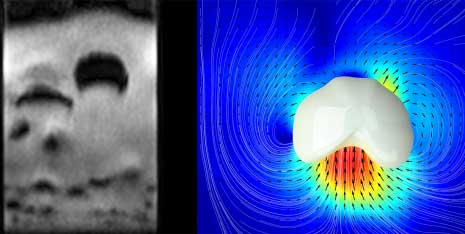 using  magnetic resonance imaging to make bubbles visible inside granular media through which a gas flows (left)