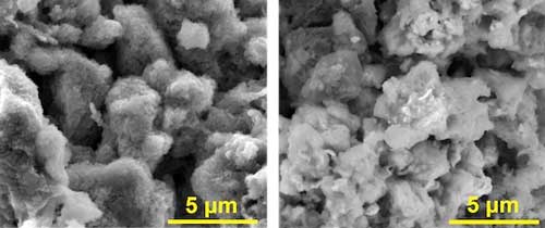 Scanning electron microscope images show an anode of asphalt, graphene nanoribbons and lithium at left and the same material without lithium at right