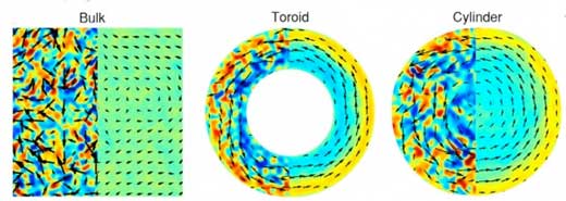 active fluid transitions from locally chaotic (left) to long-range unidirectional flow