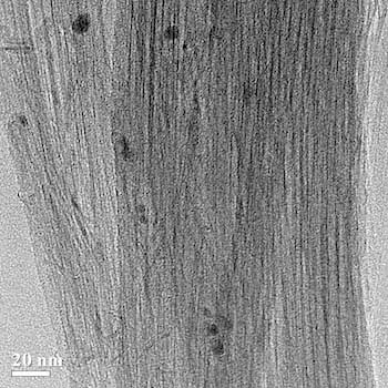 Iron impurities are easy to see in a bundle of carbon nanotubes viewed through a transmission electron microscope