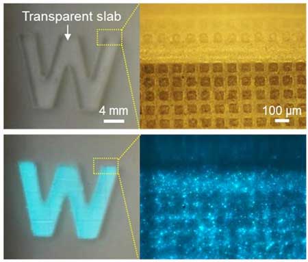 An electronic skin glows when a transparent 'W' is pressed onto it, and a voltage is applied