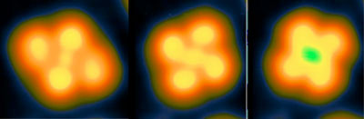 The three different states of the molecule correspond to a trinary code for encrypting information: in a highly magnetic state (l), in a low magnetic state (m) and turned by 45 degrees (r)