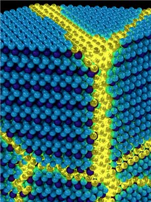 Artist's depiction of the collective excitons of an excitonic solid. These excitations can be thought of as propagating domain walls (yellow) in an otherwise ordered solid exciton background (blue)