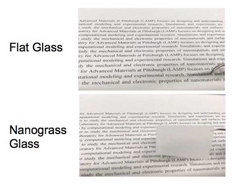The top image shows that text can be read through normal flat glass, while the glass etched with nanostructure scatters light, making the glass appear opaque