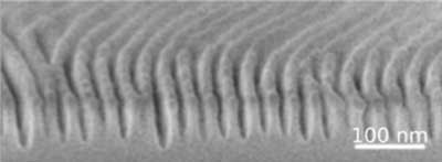 A scanning electron microscope image showing a cross-sectional view of the line patterns transferred into a silicon dioxide layer