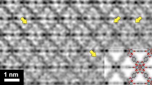 CTF-corrected high-resolution TEM image from a MOF UiO-66 crystal