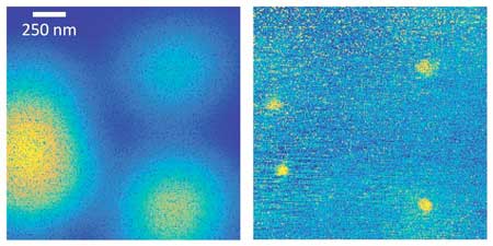 Image of quantum dots in a semiconductor: whereas the image taken with a normal microscope is blurry (left), the new method (right) clearly shows four quantum dots (bright yellow spots)