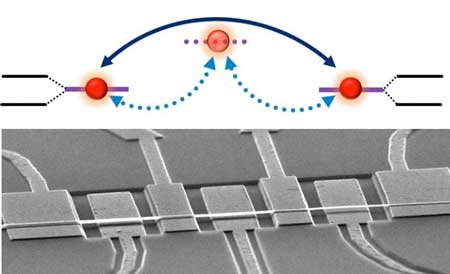 Schematic and scanning electron microscopy image of device architecture with a chain of three graphene-based nanomechanical resonators.