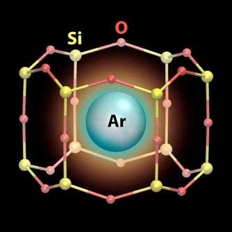 illustration showing a single atom of inert argon gas (Ar) sitting tightly inside a nanometer-scale cage made of silicon (yellow circles) and oxygen (red circles)
