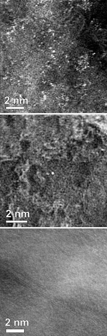 Three transmission electron microscope images of nitrogen-doped graphene show the relative presence of manganese atoms