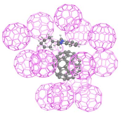 Geometry of a molecular cluster of dopant and host molecules with benzimidazoline dopant and a C60 molecule