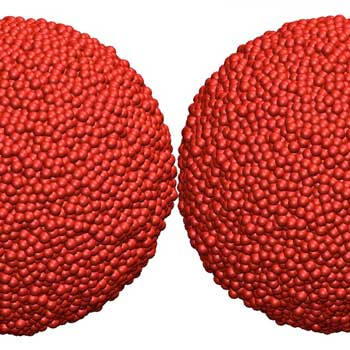 A digital reconstruction shows how individual atoms in two largely spherical nanoparticles react when the nanoparticles collide in a vacuum