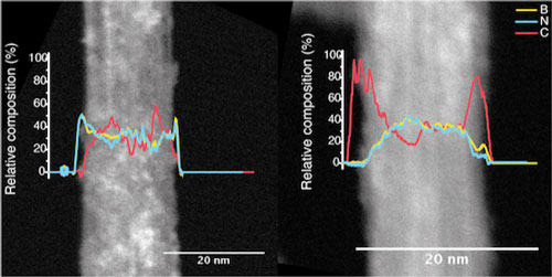 Transmission electron microscope images show a pristine boron nitride nanotube at left and functionalized nanotube at right