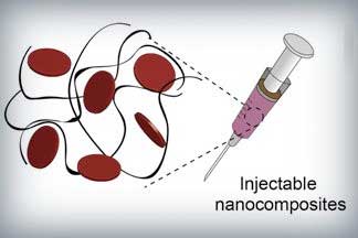 Nanoparticles that promote blood clotting and wound healing (red discs), attached to the wound-filling hydrogel component (black) form a nanocomposite hydrogel