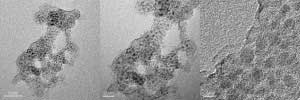 Transmission electron microscopy images of (left, center) nickel-silica catalyst and (right) a commercial catalyst