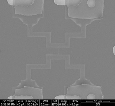 A scanning electron microscopy image of a nanowire