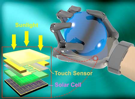 Energy Autonomous e-skin. Diagram of layers show touch sensor and solar cell.
