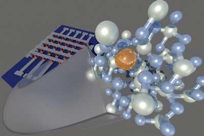 molecular structure with tin (gold sphere) diffusing through the insulating HfO2 layer (blue and white matrix)
