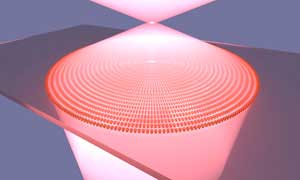 As shown above, a metalens comprising an array of nanoantennas enables tight focusing of red light