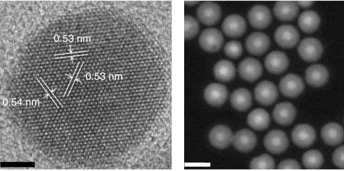 A high-resolution transmission electron microscope image of a nanoparticle measuring 8 nanometers in diameter, with a 4-nanometer-thick shell
